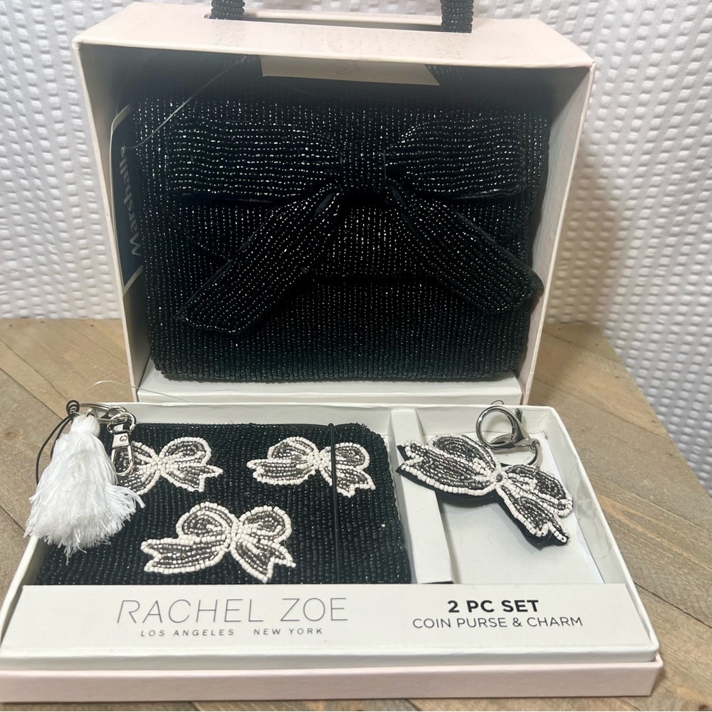 Rachel Zoe Black Beaded Handbag with Bow and Matching Bow Accessory Gift Set!